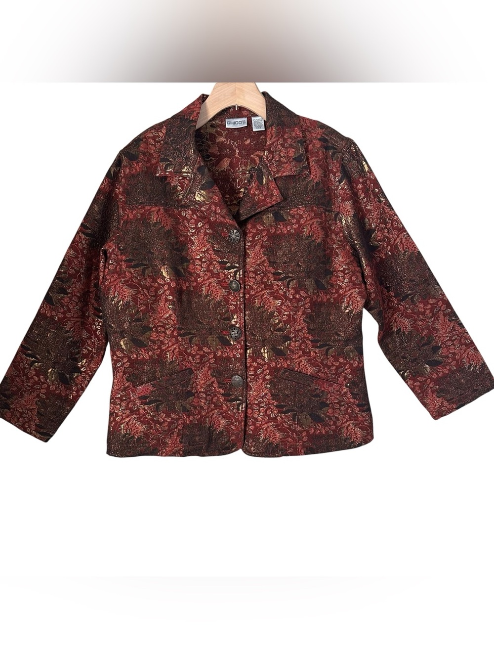 Chico's Metallic Merlot Wine and Gold Floral Brocade Jacket Blazer Large